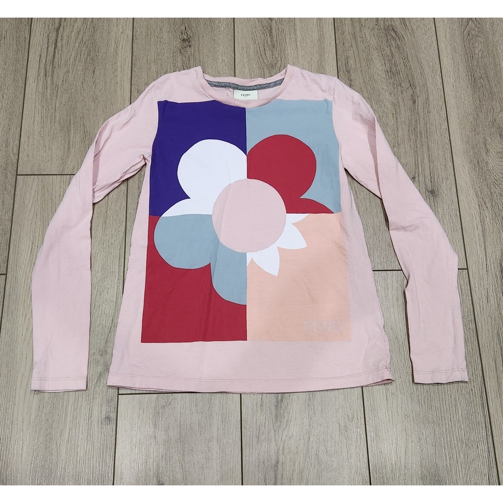 Fendi‎ Girls Pink Floral Colorblock Long Sleeve Graphic Tee Shirt Size 10A Italy